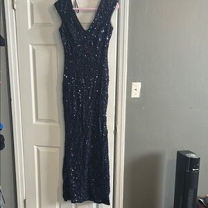Xscape Blue Sequin Embellished Maxi Dress